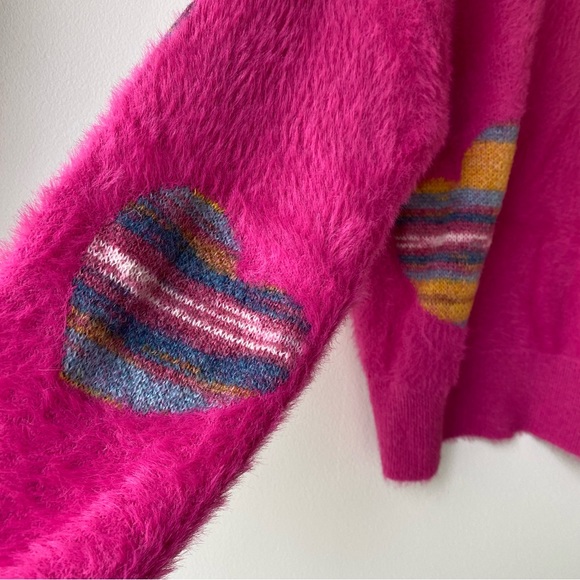 Just In// Fuzzy Heart Rainbow Magenta Semi Crop Sweater - Picture 9 of 15